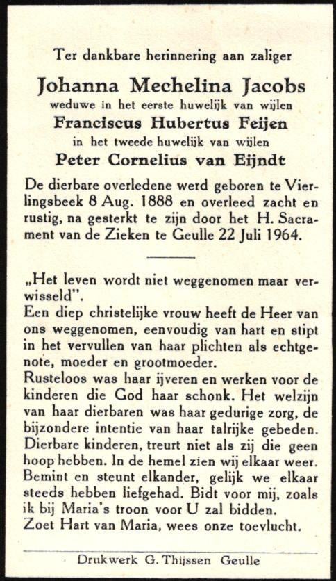 Jacobs Johanna Mechelina Vierlingsbeek 1888-1964 Geulle, Ophalen of Verzenden