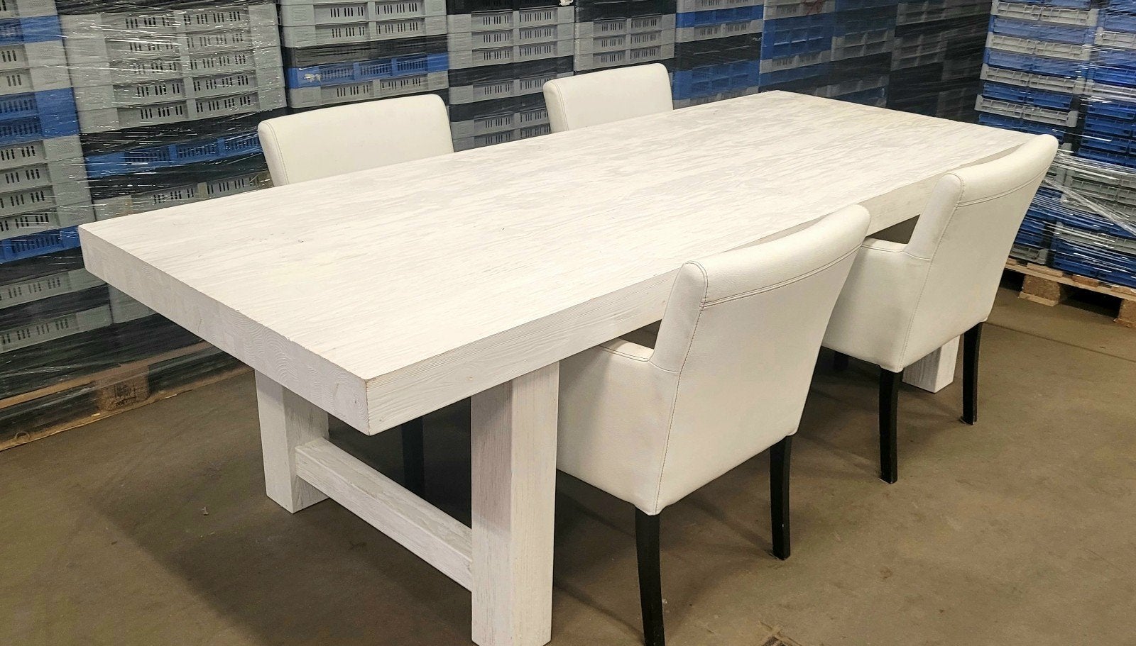 Landelijke witte Eettafel 4 Lederen Stoelen eethoek, Ophalen, Gebruikt, 200 cm of meer, 50 tot 100 cm