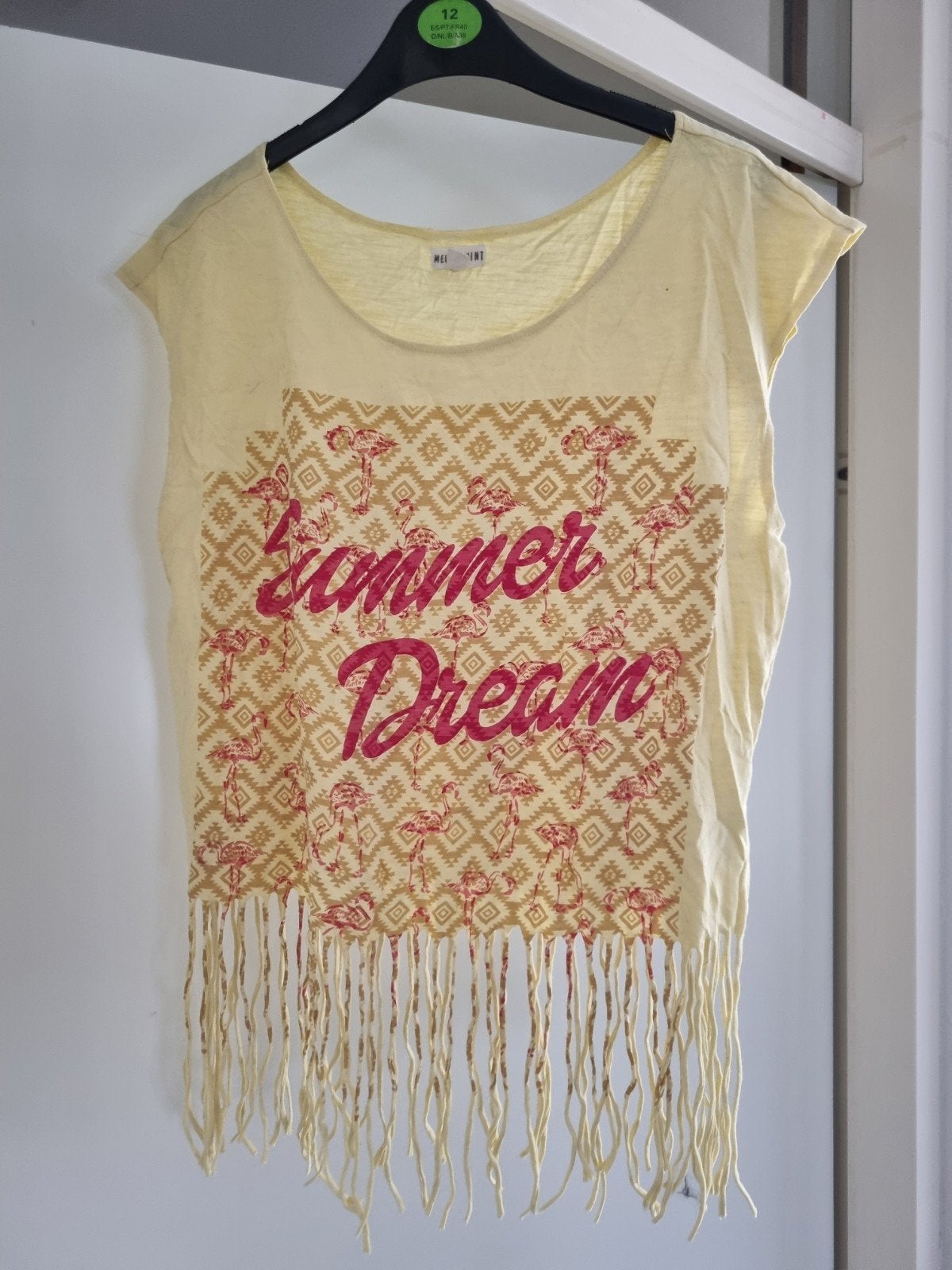 Zomerse top met franjes en 'Summer Dream' print, Maat 38/40 (M), Meis&mint, Geel, Ophalen of Verzenden
