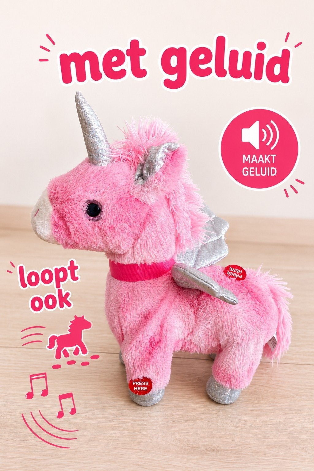 Roze Eenhoorn Knuffel met Geluid en Beweging, Ophalen of Verzenden, Zo goed als nieuw, Meisje