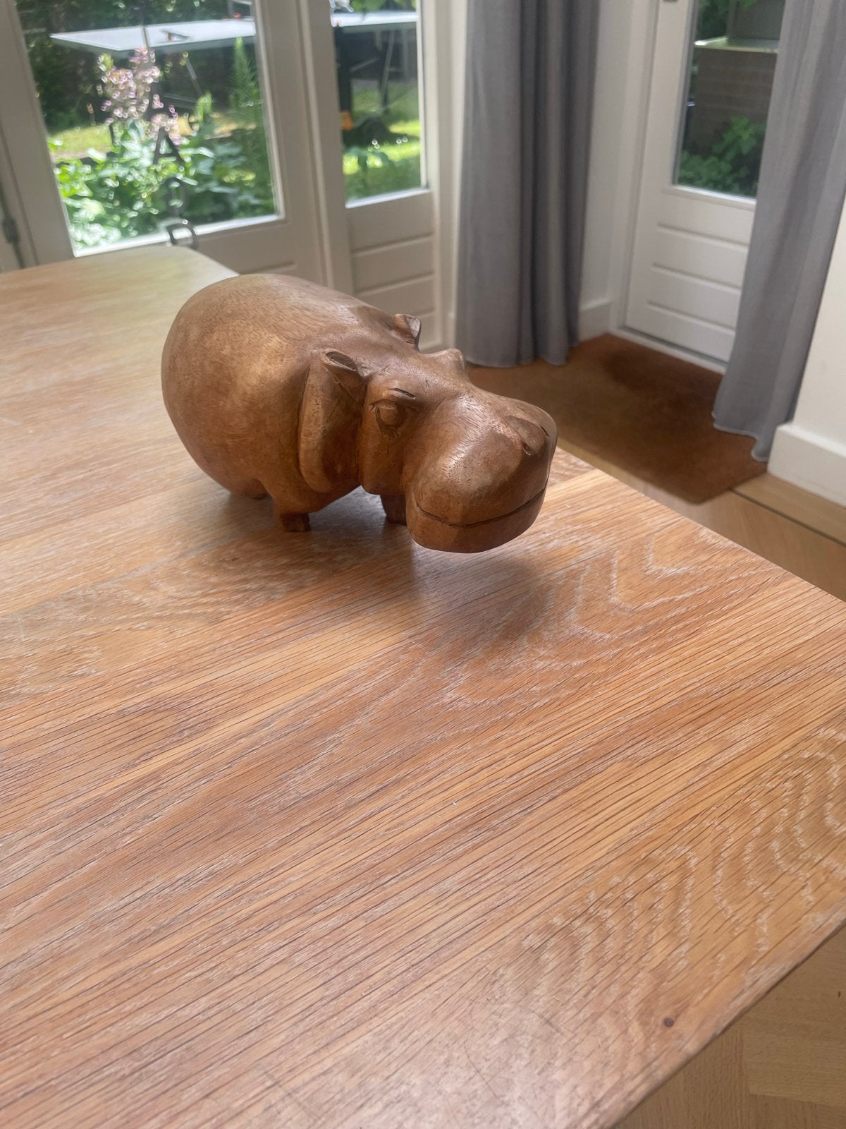 Houten Nijlpaard Beeld - Handgesneden Decoratie, Minder dan 20 cm, Ophalen of Verzenden, Beeld, Hout
