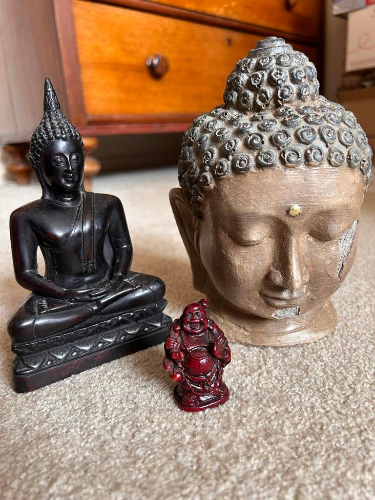 Boeddha Beelden Set: Zittend, Hoofd & Lachende Boeddha, Huis en Inrichting, Woonaccessoires | Boeddhabeelden, Ophalen of Verzenden