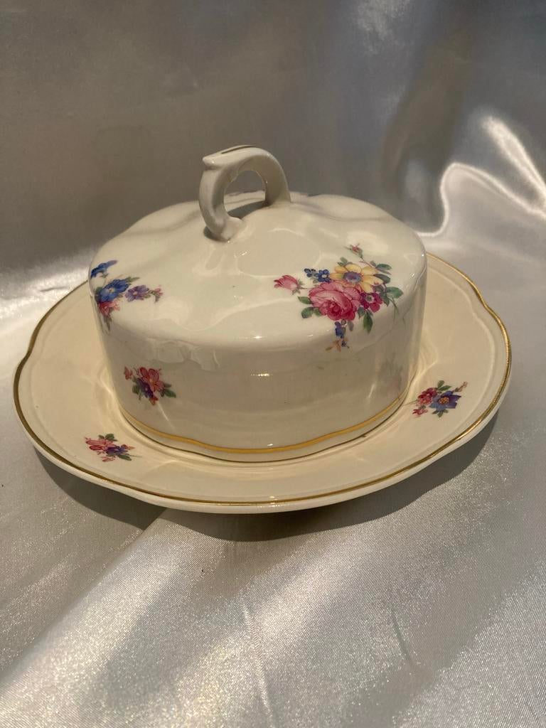 Puntgave aardewerk botervloot met florale decoratie, Polen, Ophalen of Verzenden