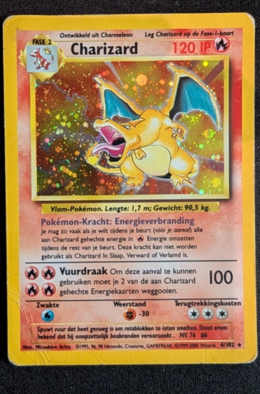 Zeldzame Charizard Pokémon Kaart (Nederlands, Holo), Ophalen of Verzenden, Gebruikt, Losse kaart, Foil