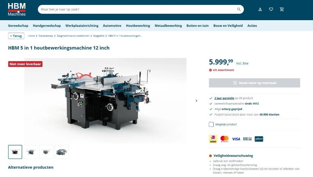 HBM 5 in 1 houtbewerkingsmachine 12 inch KH13276, Ophalen, 70 mm of meer, Nieuw, Lintzaag