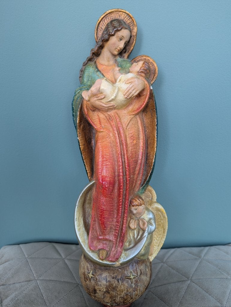 Antiek wandbeeld Maria met Kind & engel - ca. 1940 (45 cm), Ophalen of Verzenden