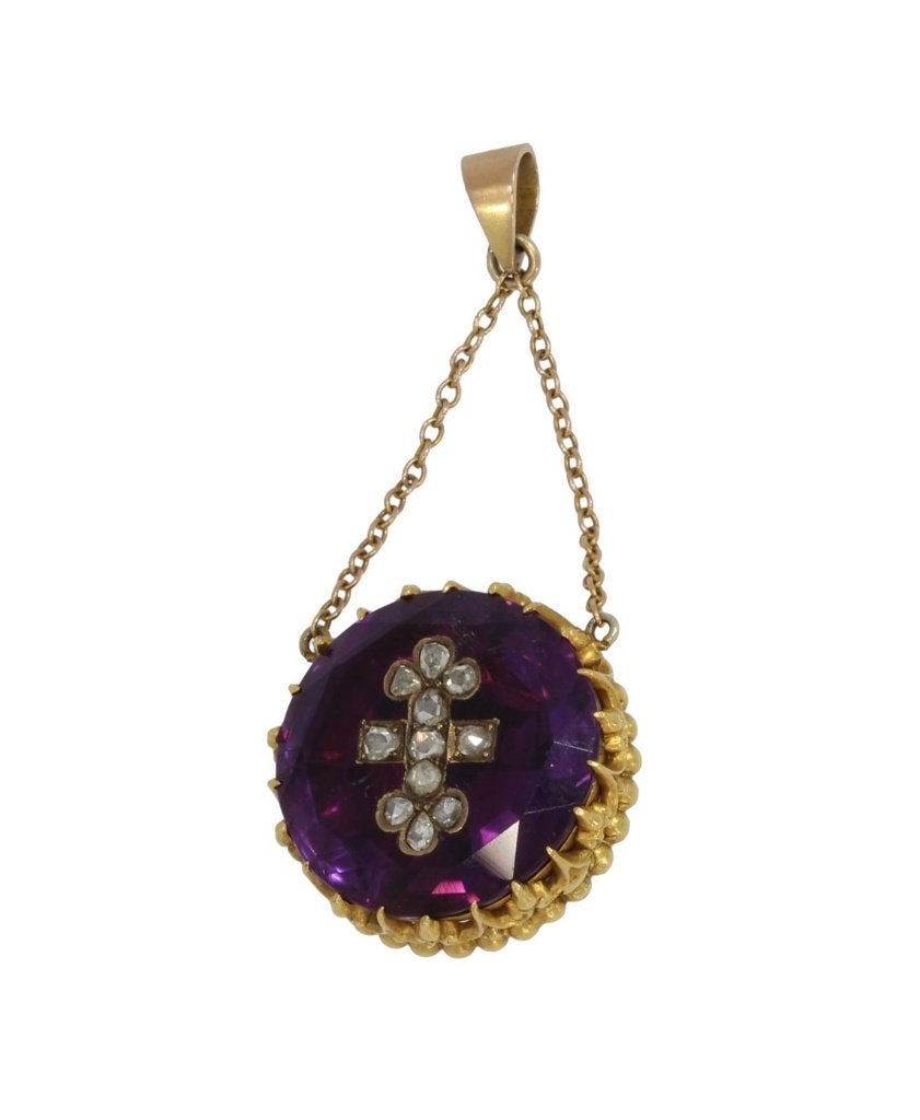 Amethist kruis diamanten antieke 18k gouden hanger ketting, Verzenden, Goud, Hanger, Met edelsteen