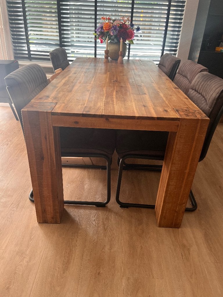 Robuuste houten eettafel, Ophalen, Gebruikt, Eikenhout, 200 cm of meer