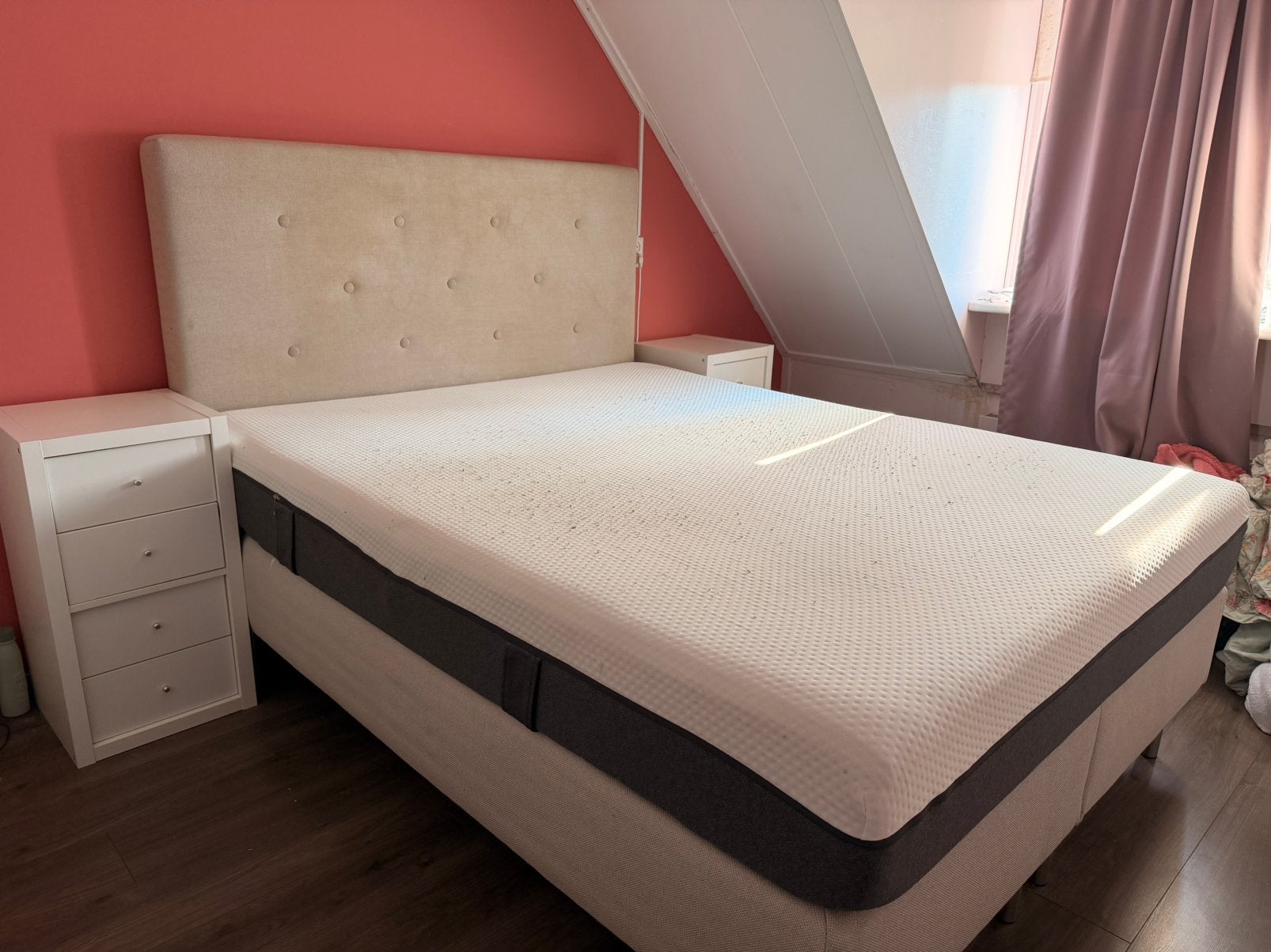 T.e.a.b. Ikea boxspring 160-200 evenskjer incl emma matras, Ophalen, Gebruikt, Beige, Tweepersoons