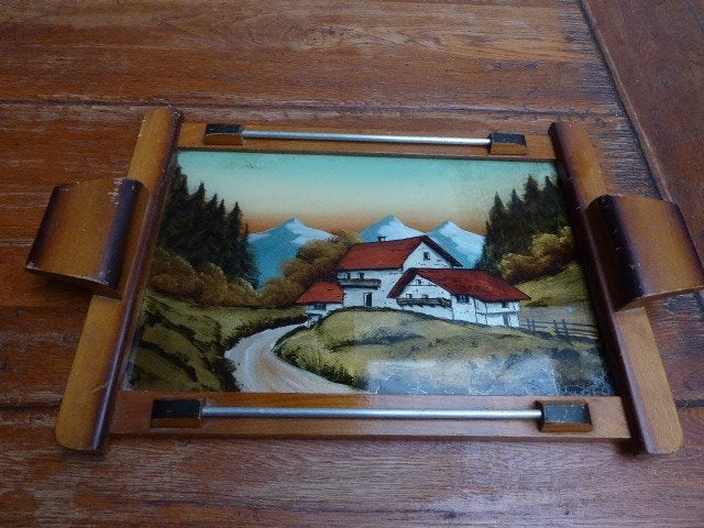 Art deco dienblad met afbeelding achter glas, boerderij, Antiek en Kunst, Ophalen of Verzenden