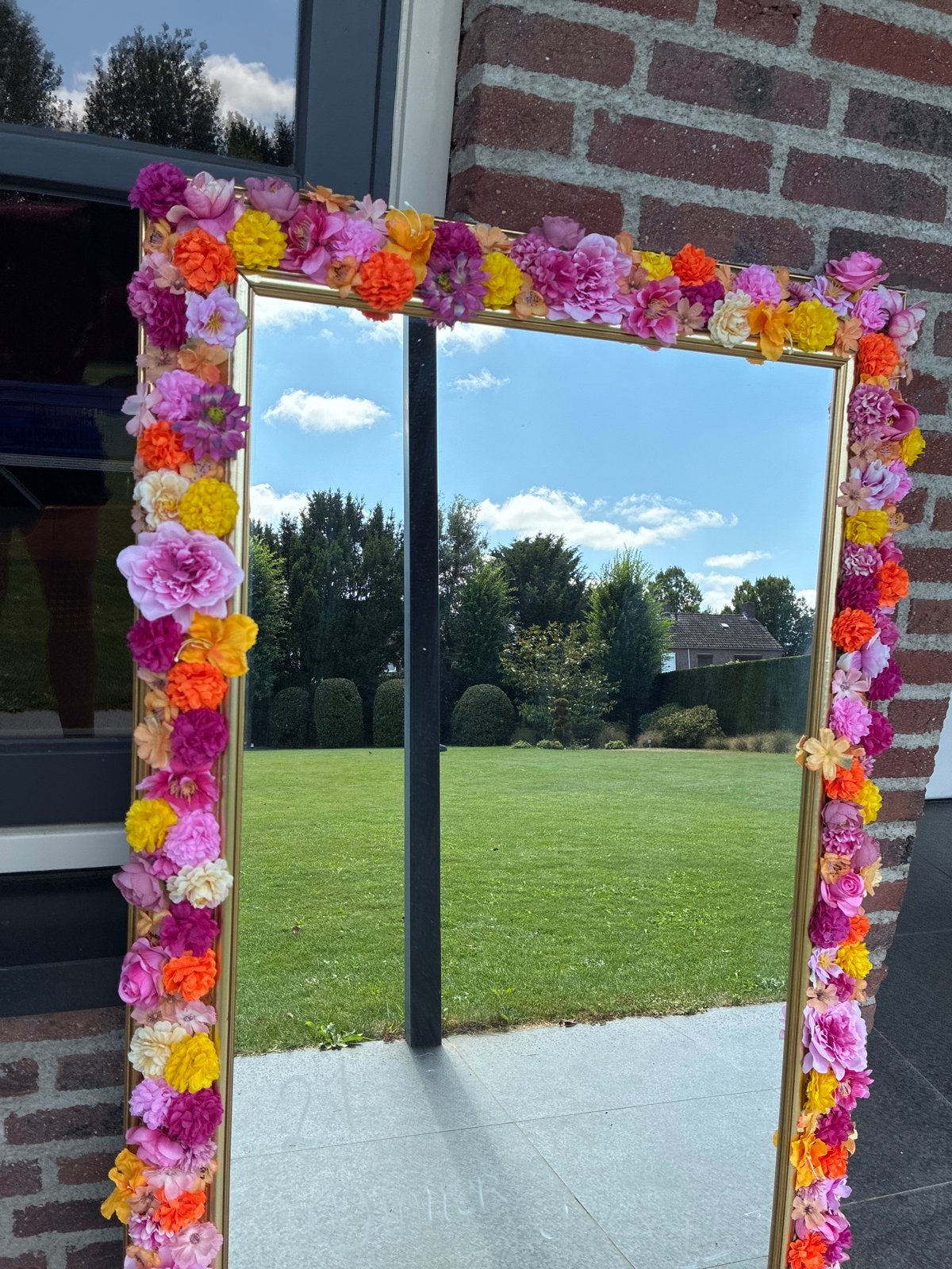Grote spiegel met bloemenrand - Perfect voor feesten!, Ophalen of Verzenden, Zo goed als nieuw, 75 tot 100 cm, 150 tot 200 cm