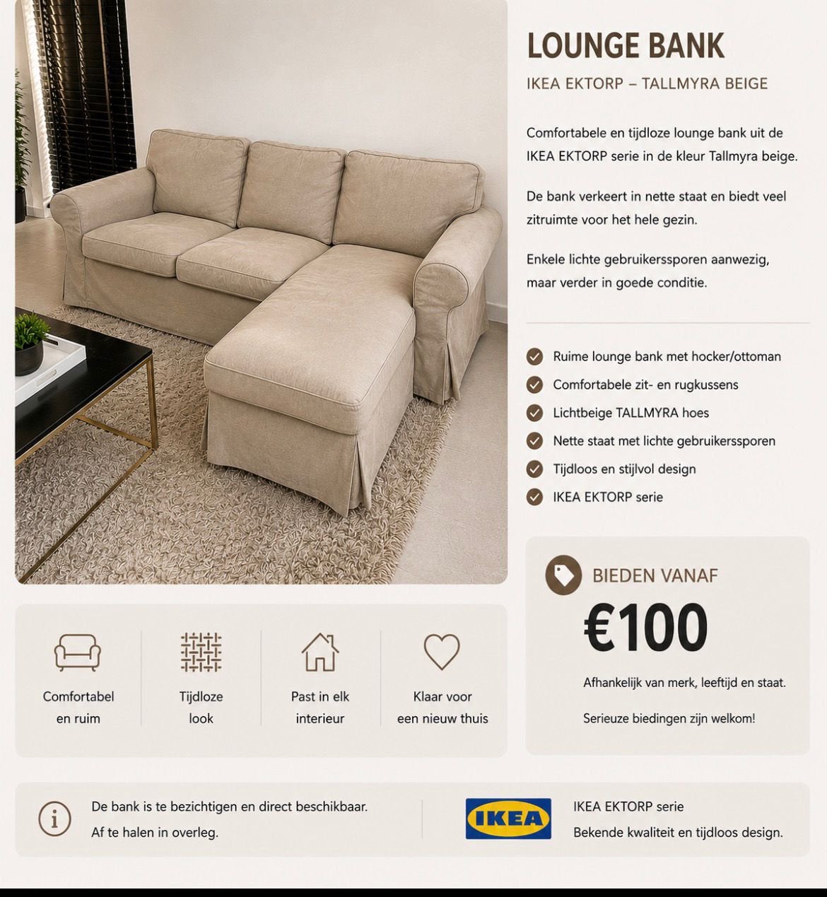 Ektrop lounge sofa ( Ikea) - beige, Ophalen, Zo goed als nieuw, Driepersoons