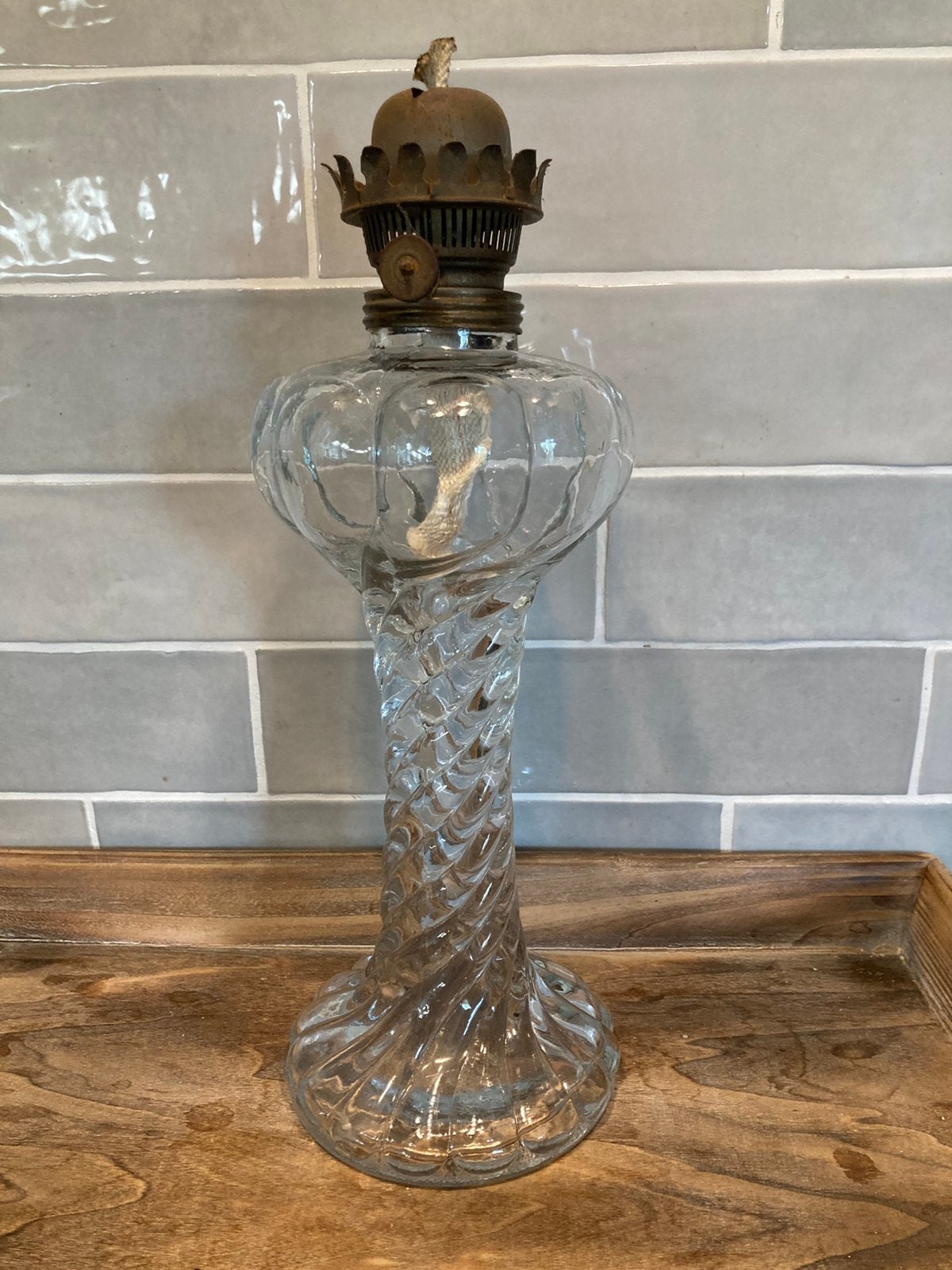 Glazen voet olielamp (210525), Antiek en Kunst, Ophalen of Verzenden