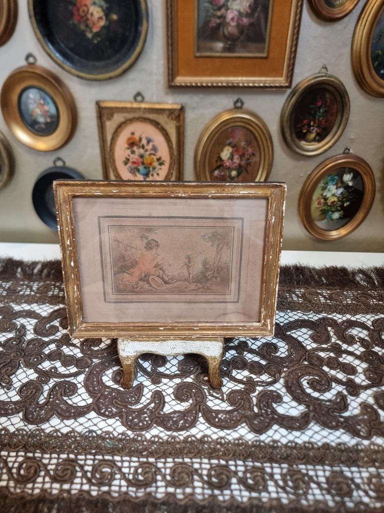 Oud boudoir lijstje prent jongetje met hond * schapenweide *, Ophalen of Verzenden