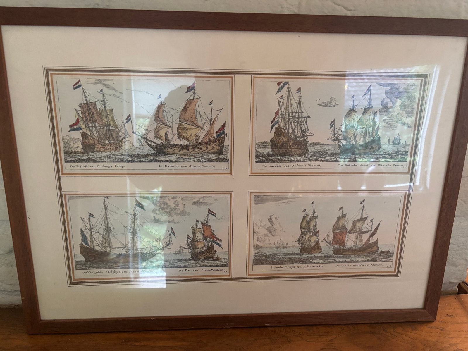 4 Litho's van Oud Hollandse Schepen in Lijst - 60x53 cm, Ingelijst, Ophalen, Overige onderwerpen, Lithografie