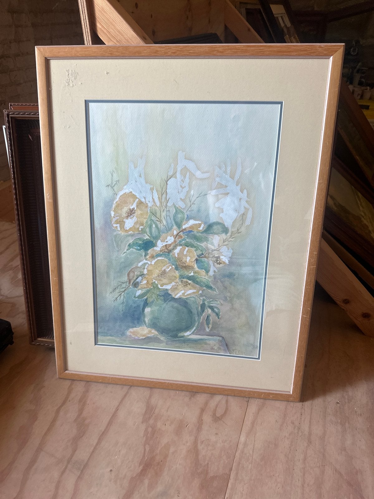 Vintage aquarel bloemen in vaas, gesigneerd T.E. '94, Ophalen of Verzenden