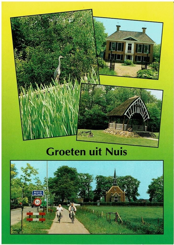 Ansichtkaart Nuis, 4-luik, herenhuis, reiger, dorp, Verzamelen, Ophalen of Verzenden, 1980 tot heden, Ongelopen, Groningen