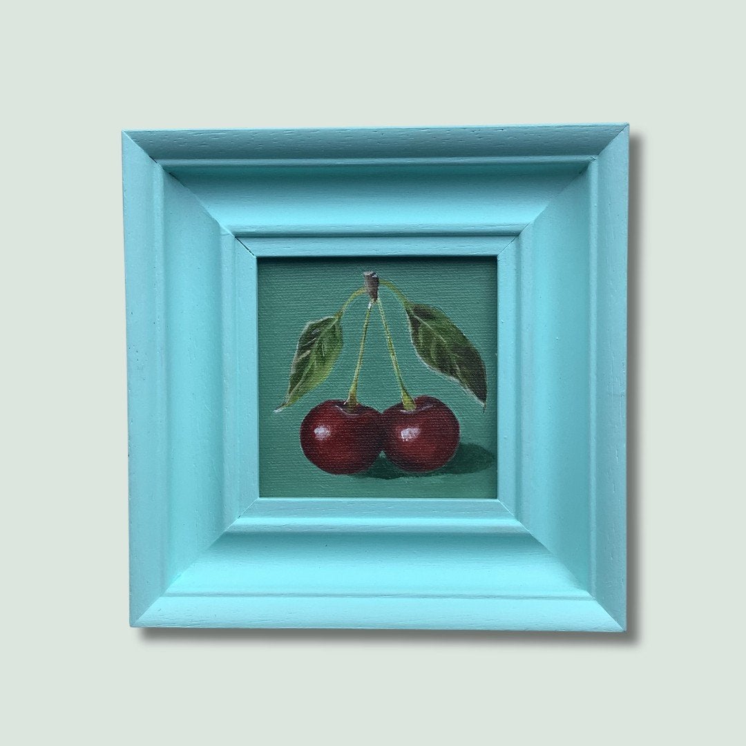 Ingelijst en handbeschilderd kunstwerk 'Kersen', Ophalen of Verzenden