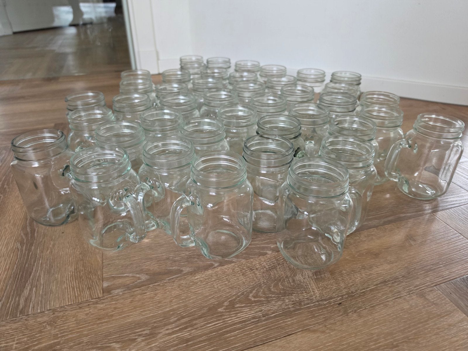 32 stuks glazen pot met oor - Mason Jar stijl, Overige typen, Ophalen of Verzenden, Gebruikt, Glas
