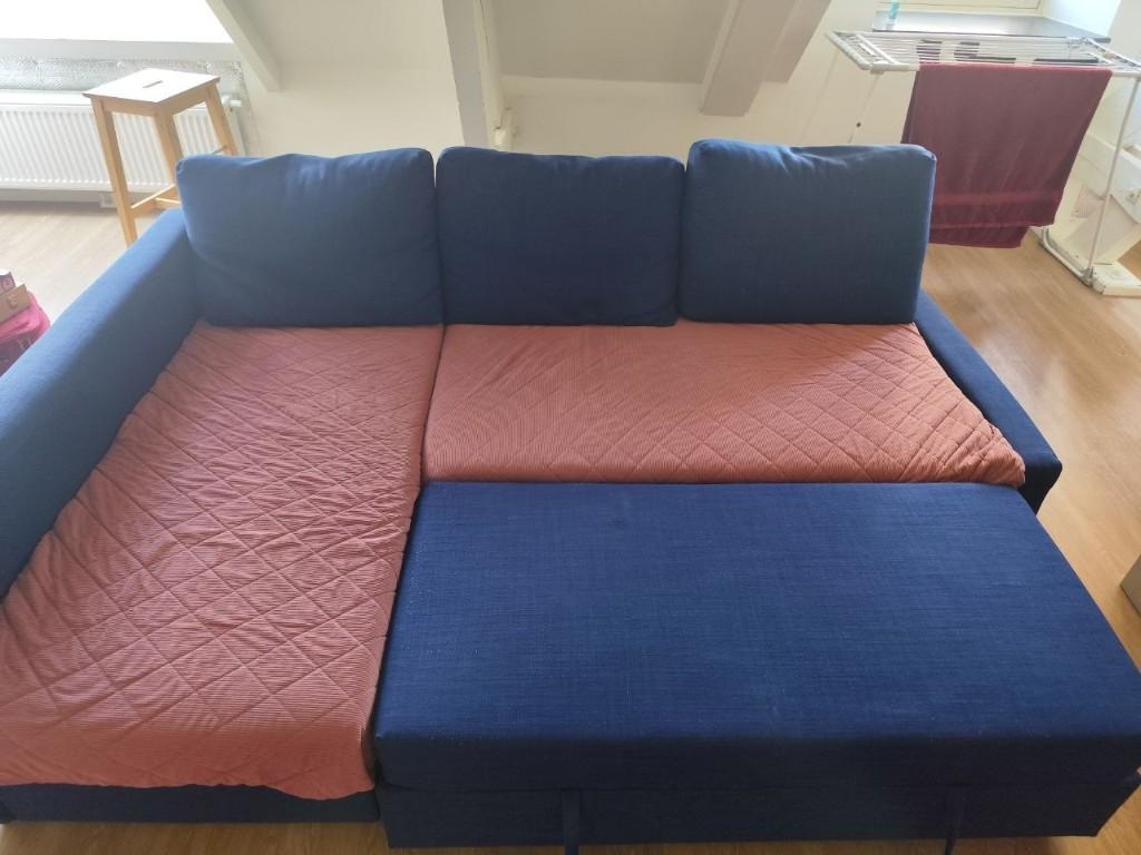 Blauwe Hoekbank / Slaapbank met Afmetingen, Ophalen, Gebruikt, 100 tot 125 cm, Stof
