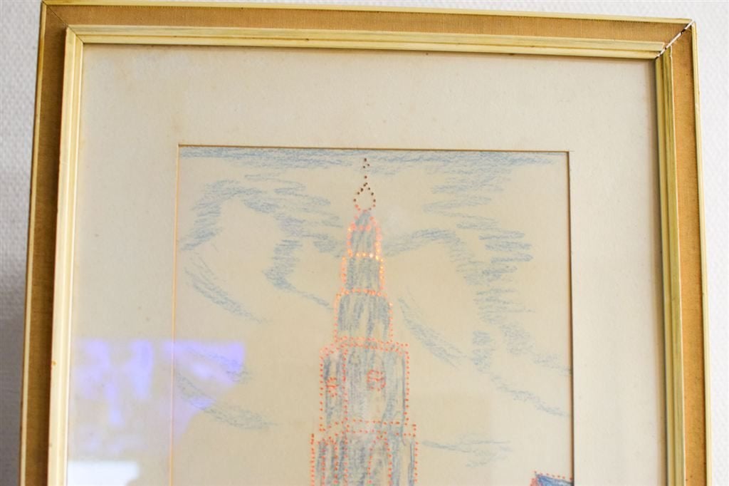 tekening van de martinitoren met lampjes ingelijst 50669, Ophalen of Verzenden, Voor 1920, Ongelopen, Utrecht