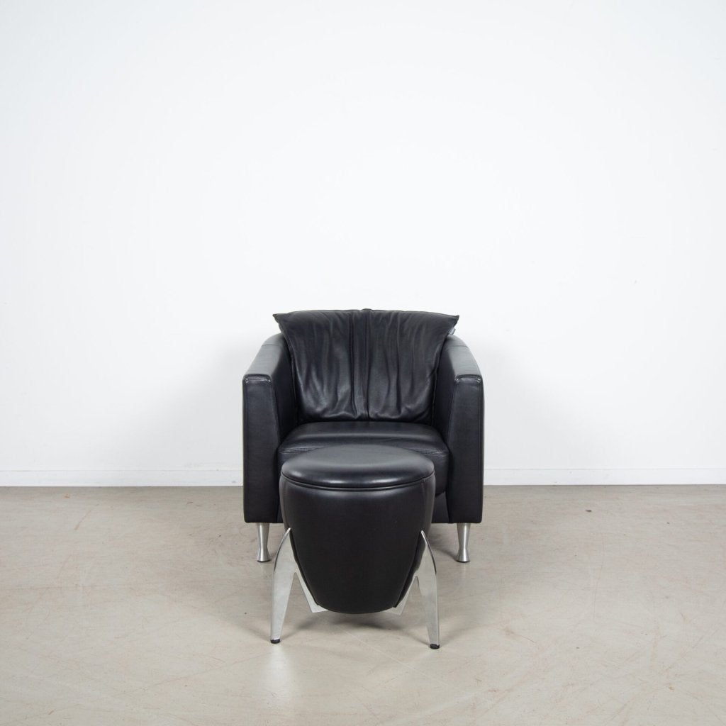 Artanova Fauteuil Zwart Leer + Hocker, Niet ingevuld, Zo goed als nieuw, Niet ingevuld, Niet ingevuld