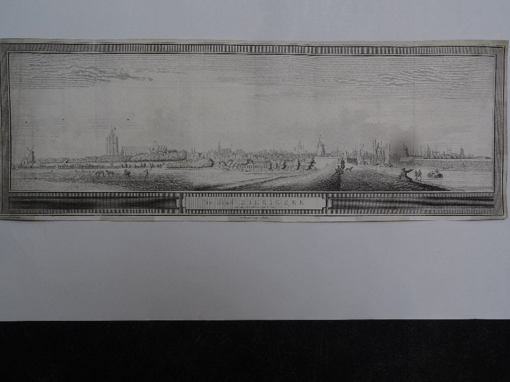 gravure De stad Zierikzee West Havendijk, JC Philips 1751, Stadsgezicht, Ophalen of Verzenden, Gravure, Origineel