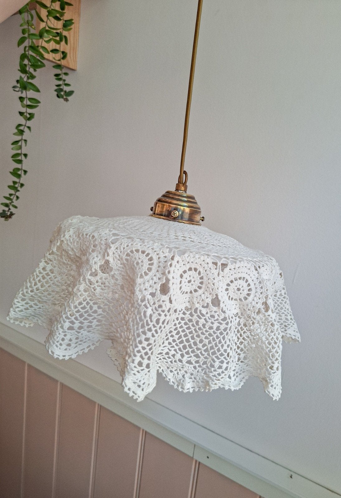 Vintage hanglamp met messing fitting, Gebruikt, Metaal, Vintage, Bohemien, Landelijk, E27 (groot)