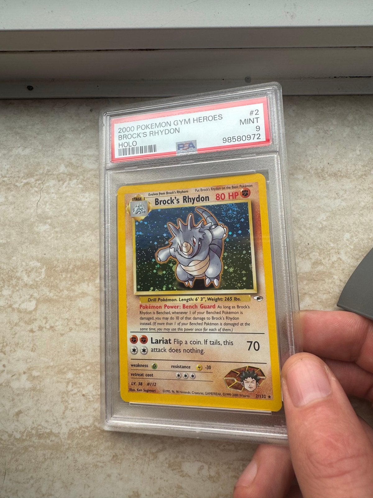 Brock's Rhydon Holo PSA 9 MINT Pokémon Gym Heroes 2000, Ophalen of Verzenden, Zo goed als nieuw, Losse kaart, Foil