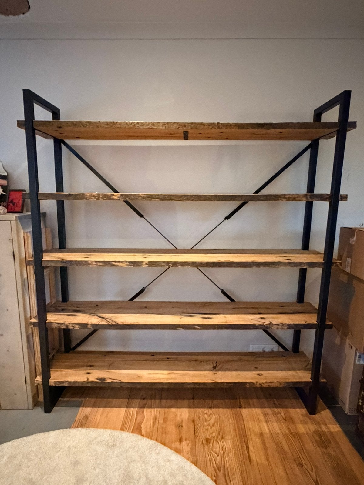 Industriële (boeken) kast met eiken wagondelen, Ophalen, Met plank(en), Wagon planken, 150 tot 200 cm