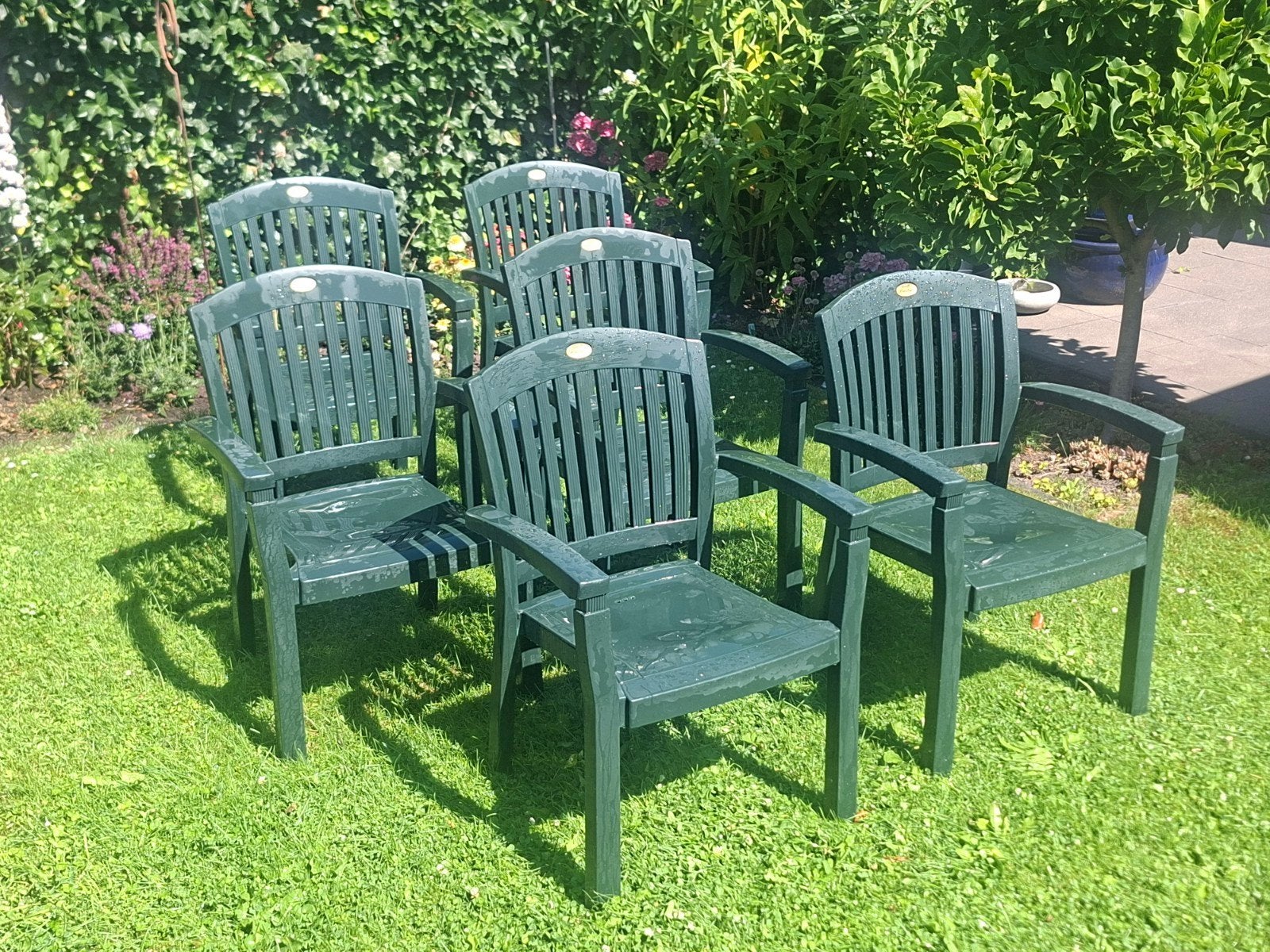 6 Hartman tuinstoelen, stapelbaar, groen, eettafelhoogte., Ophalen, Gebruikt, Kunststof, Stapelbaar