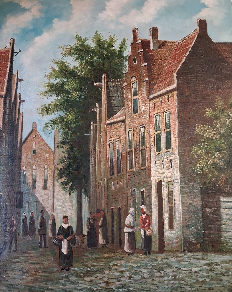 ouderwets stadsgezicht met figuren, Ophalen of Verzenden