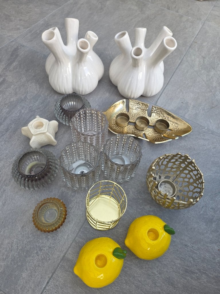 Vazen en kaarstenhouder 14st, Huis en Inrichting, Woonaccessoires | Vazen, Ophalen, Gebruikt, Overige kleuren, Overige materialen