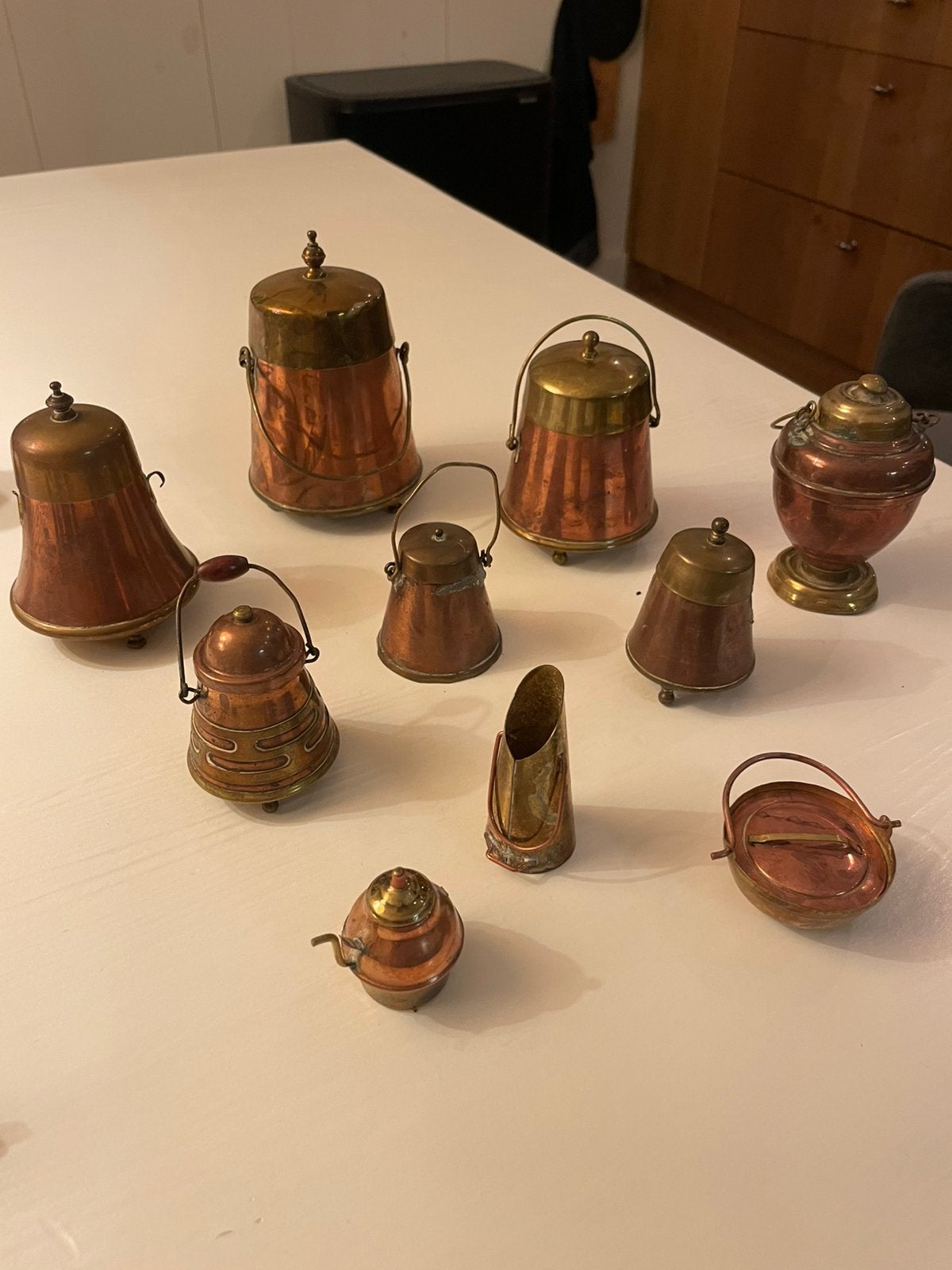 Antieke 11-delige miniatuurset koper& messing – poppenkeuken, Ophalen of Verzenden, Koper