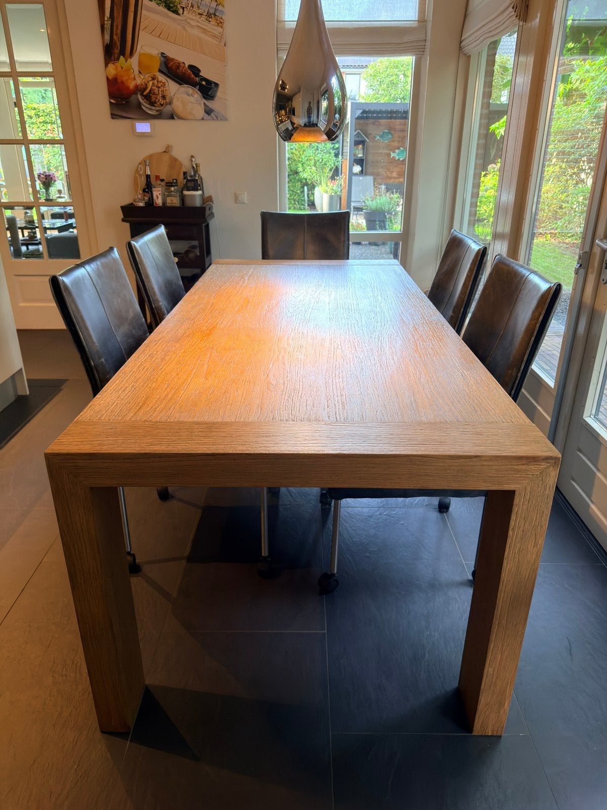 Te koop eiken tafel en 6 leren stoelen met wielen, Ophalen, Gebruikt