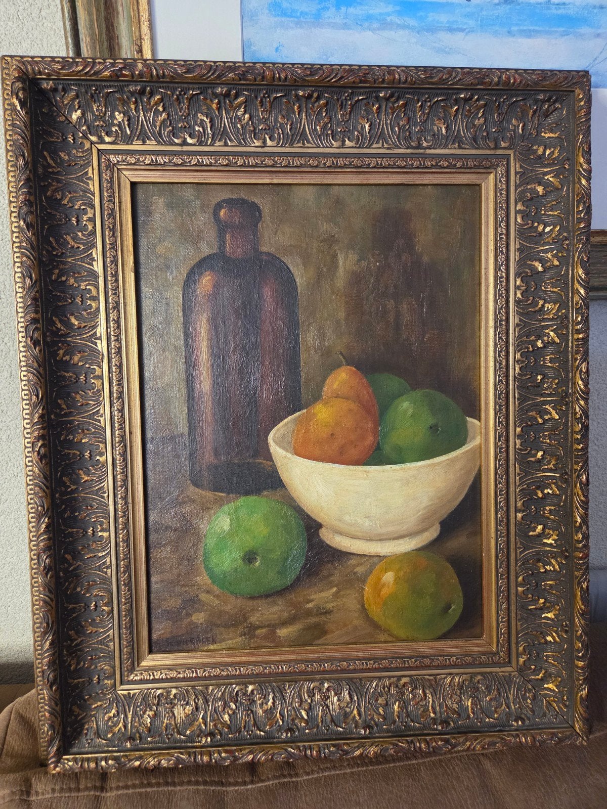 Prachtig origineel olieverfschilderij stilleven in luxe sier, Doek, Stilleven, Ophalen of Verzenden, Olieverf