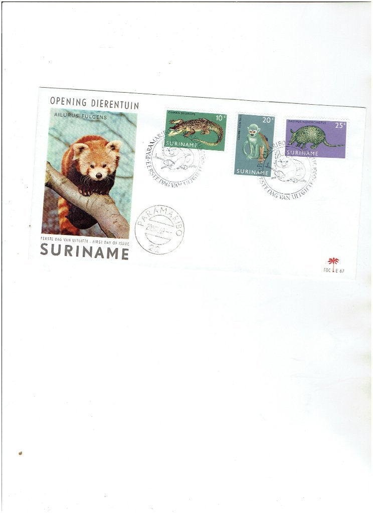Suriname FDC E67 Dierentuin 1969 ongelopen, Ophalen of Verzenden, Gestempeld