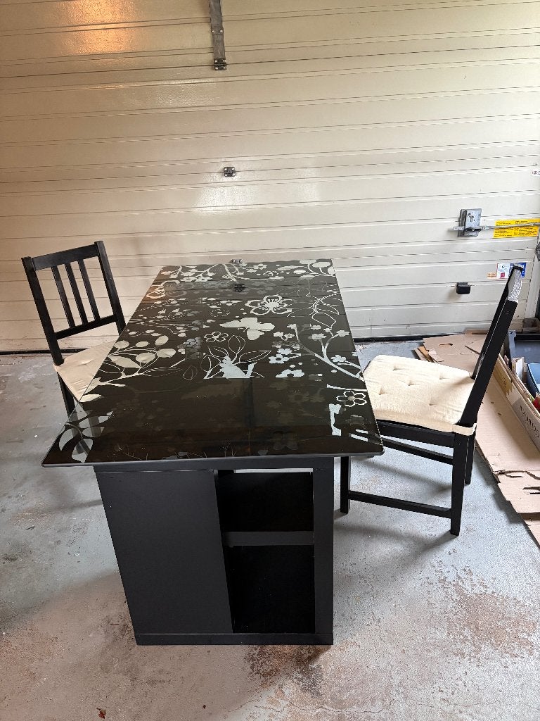 Vika Glasholm Tafelblad met onderstel en 2 stoelen, Ophalen, Gebruikt, 150 tot 200 cm, Glas