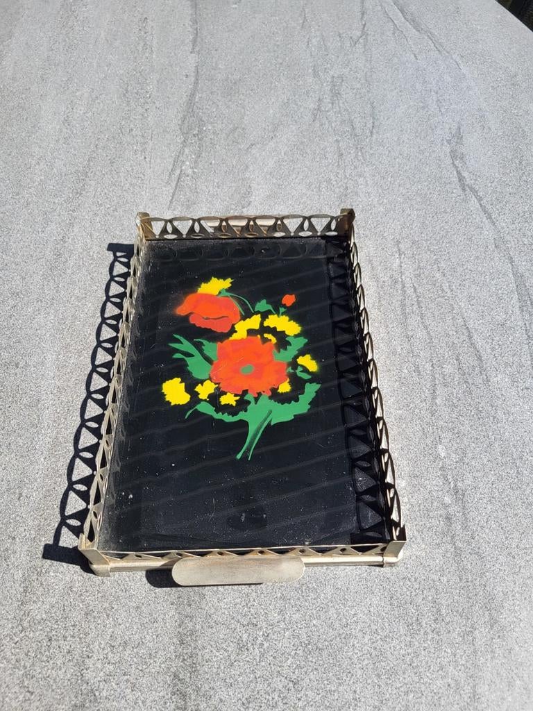 Vintage dienblad met bloemenprint 30x20 cm, Ophalen, Gebruikt, Rechthoekig, Metaal
