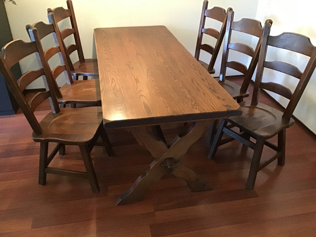 6 eiken stoelen plus een eikentafel, Ophalen, Gebruikt, Eikenhout, 200 cm of meer