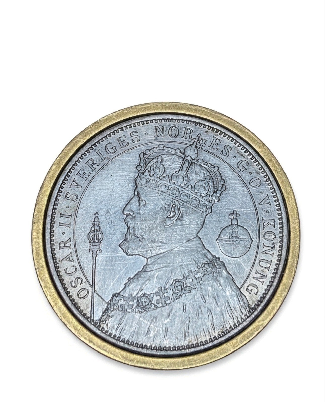 Broche met Oscar II 2-kronen jubileummunt (1872-1897), Ophalen of Verzenden, Zilver
