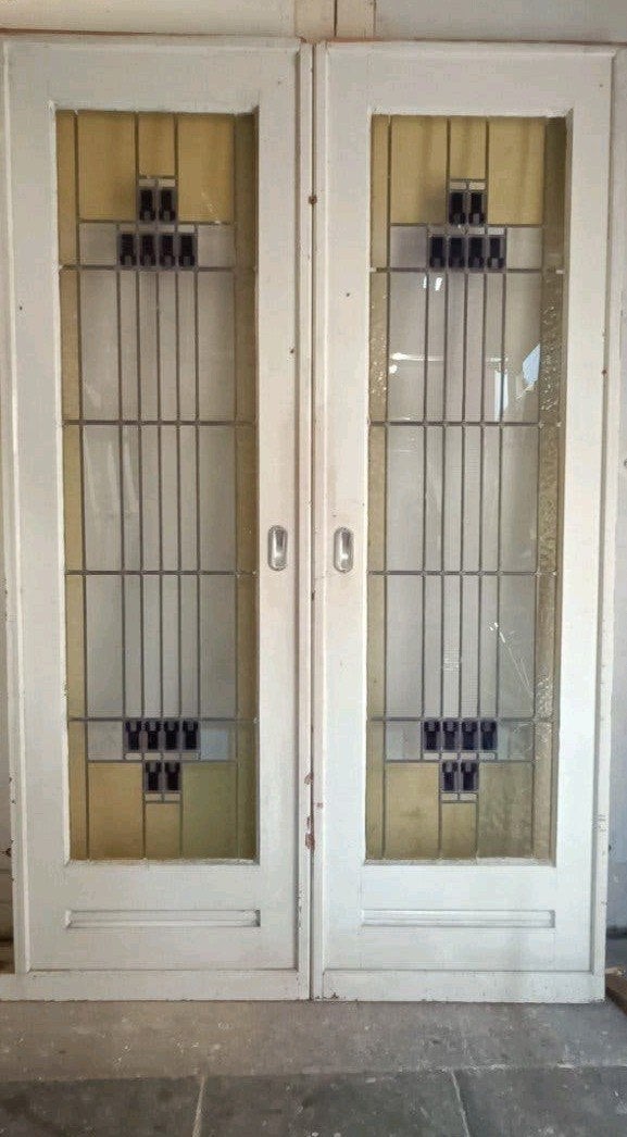 Antieke ensuite schuifdeuren met glas in lood, Ophalen, Gebruikt, Binnendeur, Schuifdeur