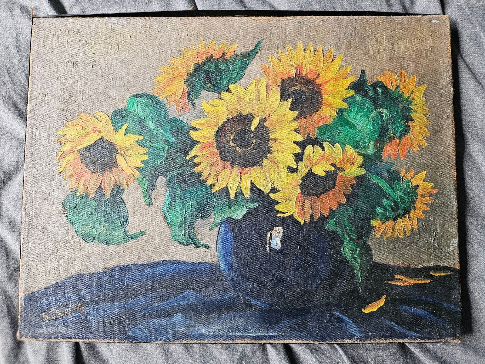 Schilderij zonnebloemen in vaas - Olieverf op doek, Bloemen, Doek, Ophalen of Verzenden, Olieverf