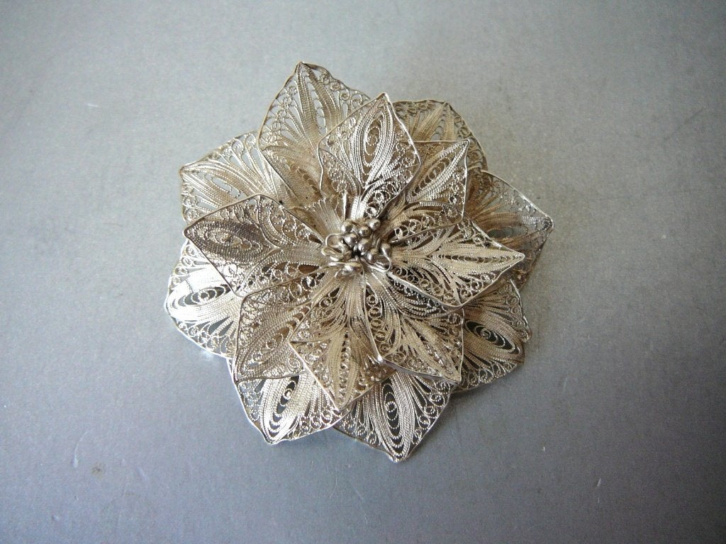 Vintage Zilveren Filigraan Bloem Broche, Verzenden, Zilver, Broche