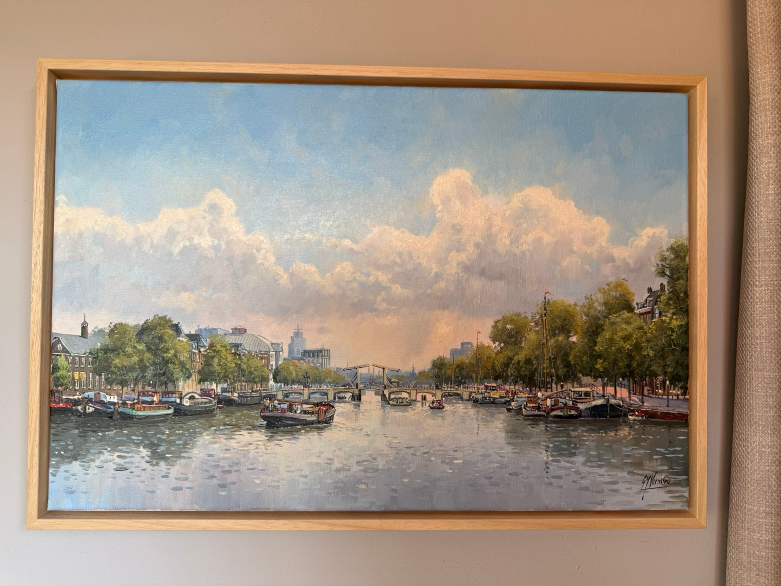 Olieverf schilderij G.J. Veenstra - Magere Brug Amsterdam, Antiek en Kunst, Doek, Realistisch, Ophalen of Verzenden, Gesigneerd