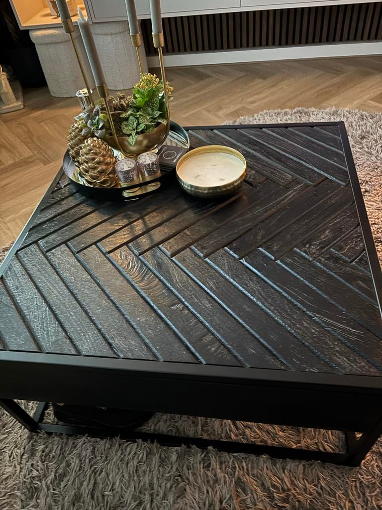 Zwarte salontafel met visgraatpatroon en lades, Ophalen, 100 tot 150 cm, Vierkant, 50 tot 100 cm