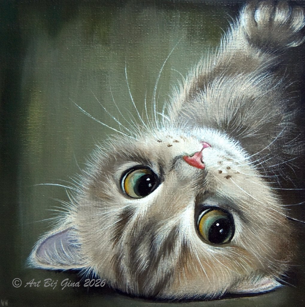 Kitten wil spelen.... Acrylverf op canvas in een mooie lijst, Acrylverf, Gelimiteerde oplage, Ophalen of Verzenden, Dieren