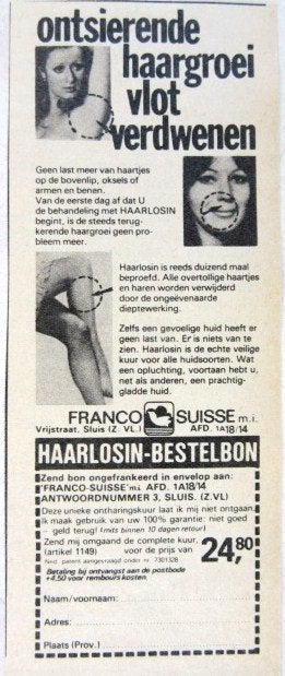 3 vintage advertenties reclames ontharing 1975-76 ontharen, Ophalen of Verzenden, Gebruikt, Overige typen
