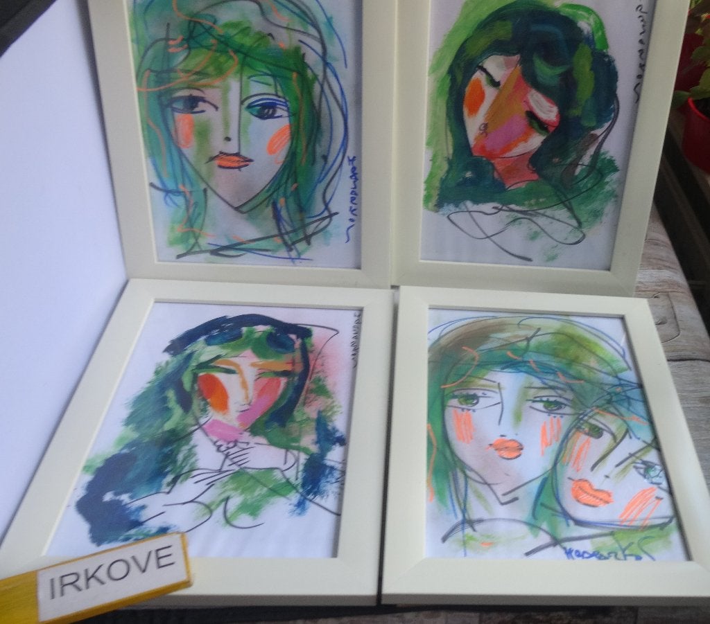 VIER MODERNE VROUWENPORTRETTEN * Gesigneerd *, Verzenden, Papier/karton, Achter glas, Gemengde techniek