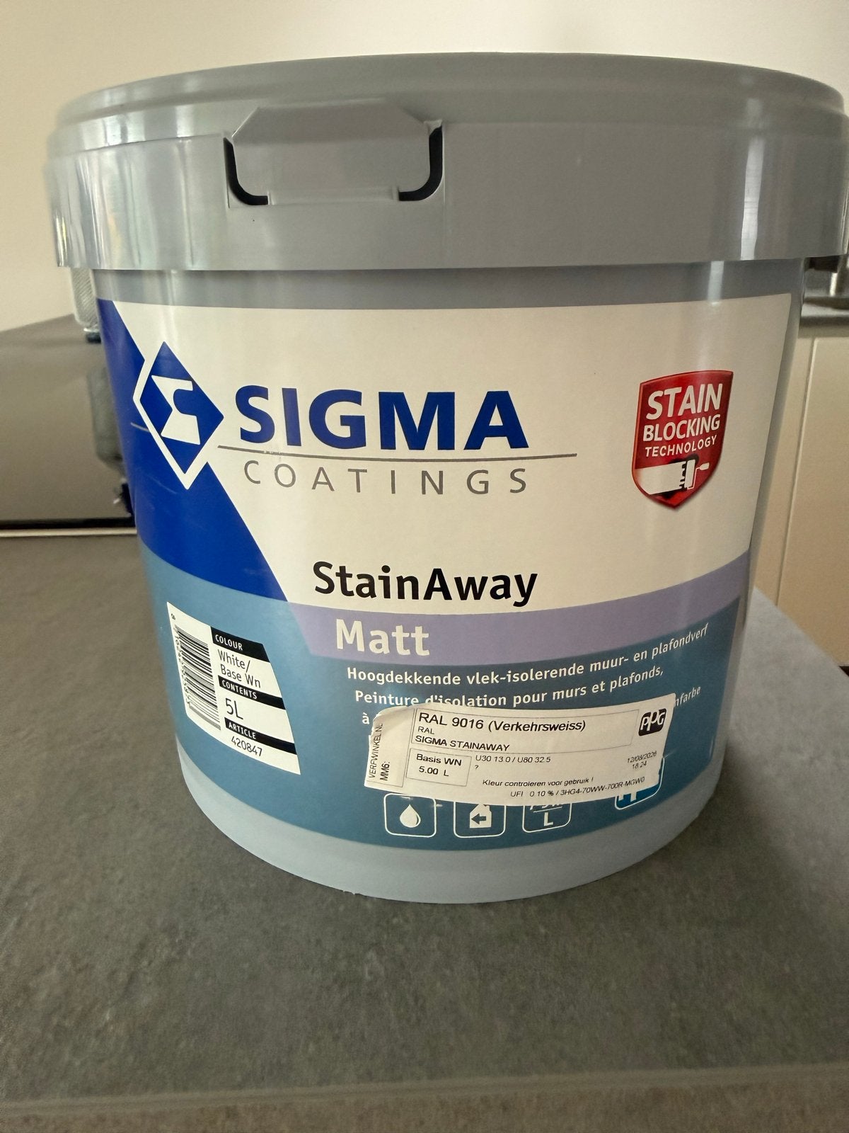 Sigma StainAway Matt RAL 9016 Verf 5L, 5 tot 10 liter, Wit, Nieuw, Ophalen of Verzenden